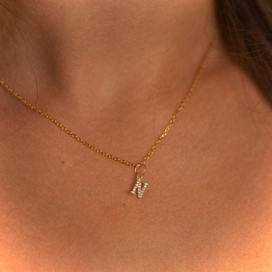 18K Gold Plated Initial Letter Necklace | Crystal Pave Pendant | Dainty Personalized Jewelry