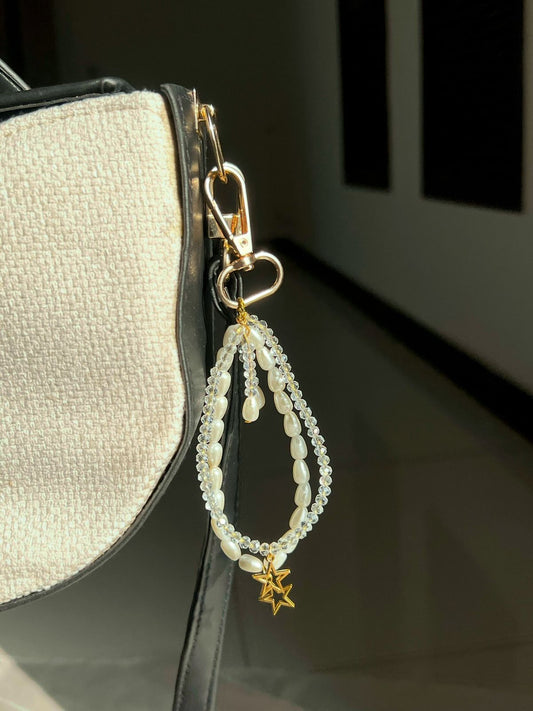 Pearl and gold star keychain, handmade