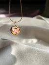 Gold heart-shaped necklace with a pink butterfly in centre,handmade