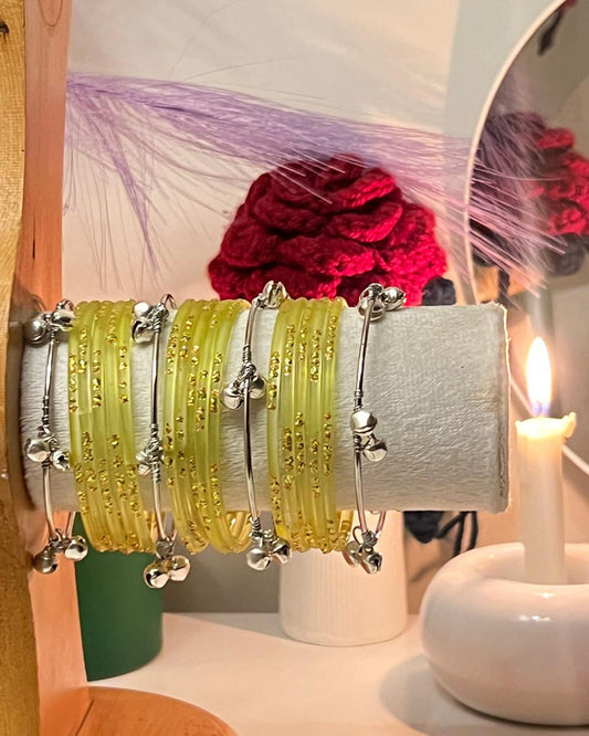 Kashmiri Bangles-Silver Jingle Bangles with Glass Churiyaan