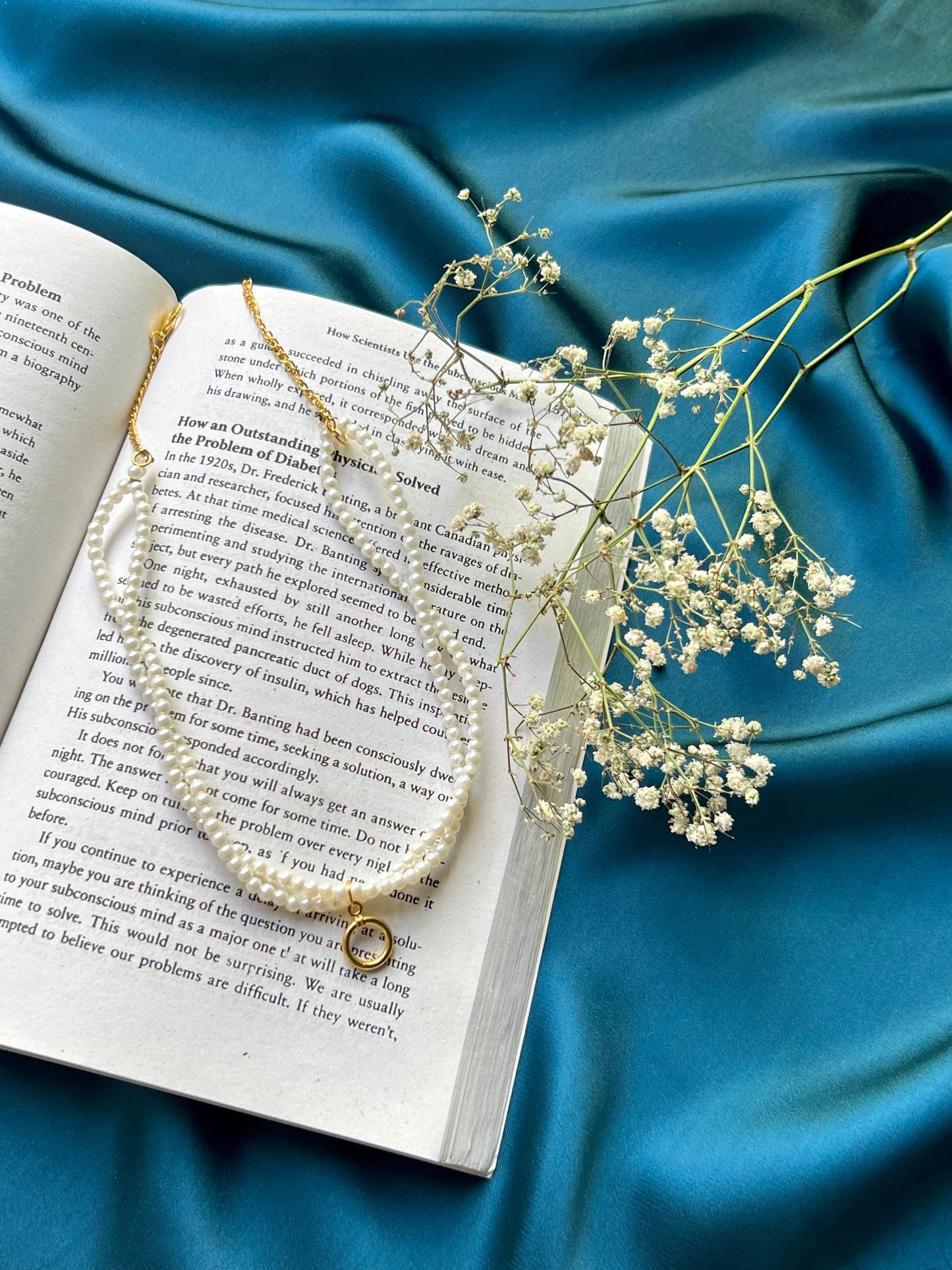 Pearl necklace with a ring, elegant design, handmade