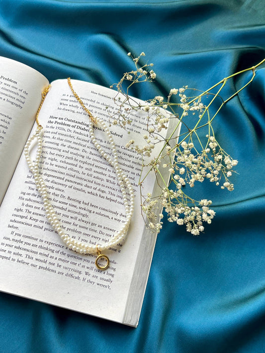 Pearl necklace with a ring, elegant design, handmade